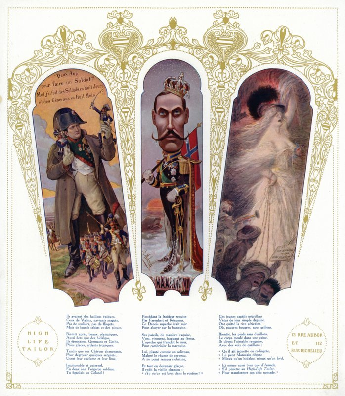 Französisches Militärtraining, Karikatur von König Haakon VII. von Norwegen und marokkanische Einwanderer in Frankreich von pseudonym for Onfray de Breville Jacques Job