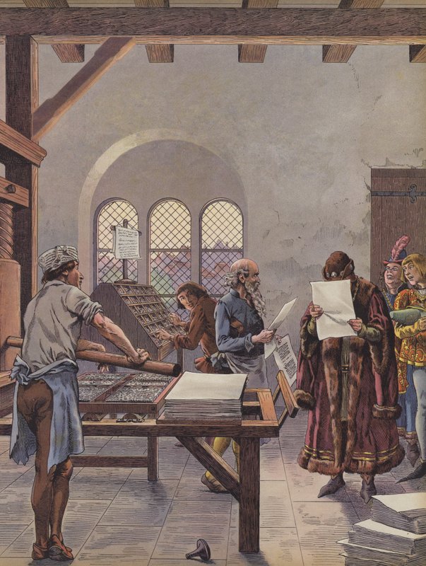 König Ludwig XI. liest ein auf einer Presse gedrucktes Dokument von pseudonym for Onfray de Breville Jacques Job