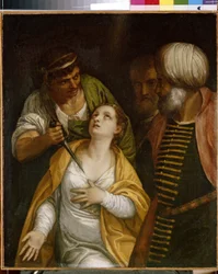 Das Martyrium der heiligen Justina. Justina von Padua (geboren im 3. Jahrhundert-304), Märtyrerin des antiken Roms, wurde von einem Schwertstich durchbohrt. Italienische Kunst (Venedig)
