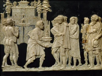 Präsentation des Modells eines Brunnens in Pratolino an Francesco I., von Jean de Boulogne alias Giambologna (1529-1608), Wachskachel