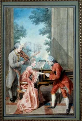 Mademoiselle Delou, Monsieur Philippe und Monsieur de Texier Ein Gentleman zollt einer jungen Pianistin Tribut. Aquarell von Louis Carrogis, genannt Carmontelle (1717-1806) 18. Jahrhundert Paris, Musée Carnavalet