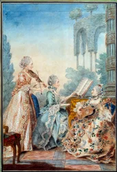 Die drei Töchter des Komponisten Joseph Nicolas Pancrace Royer spielen die Partitur des Balletts Zaide, Aquarell von Louis Carrogis Carmontelle