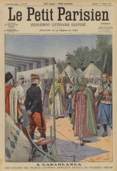 Geiseln aus unterworfenen marokkanischen Stämmen marschieren an General Drude in Casablanca vorbei (Farblithografie)