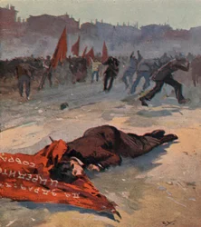 Tötung eines Aktivisten der Sozialrevolutionären Partei namens Gorbachevskaya durch bolschewistische Rote Garden während einer Demonstration, Petrograd, Russland