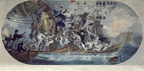 Das Entern und Einnehmen von Seiner Majestät ehemaligem Schiff, Hermione (jetzt Retribution) 25. Oktober 1799, graviert von Roffe