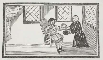 Darstellung des verräterischen Mönchs, der ihn zu Tode blutet, Illustration aus 