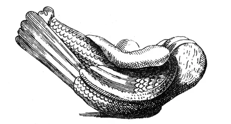 Römische oder spät-römische Bronzestatuette einer nackten Frau mit Flügeln eines Vogels, die einen geöffneten Granatapfel hält