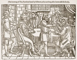 Das Verbrennen der Hand von Tho. Tomkins durch B. Boner, der nicht lange danach auch seinen Körper verbrannte, Illustration aus 