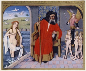 Aphrodite, Hephaistos, Eros (Amor) und die Chariten - aus einer Buchmalerei des 15. Jahrhunderts