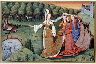 Diana (Artemis) - Chromolithografie nach einer Buchmalerei aus dem 15. Jahrhundert