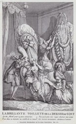 Französische Karikatur, die die Frauenfrisuren der Zeit verspottet