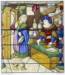Geschichte des Juden in der Rue des Billettes - Faksimile eines Glasfensters, St. Alpin Kirche in Chalon