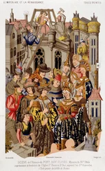 Szene aus der Geschichte von Fort Roy de Clovis. Geheimnis des 15. Jahrhunderts, das die Gründung der Kirche St. Peter und St. Paul, heute Saint Genevieve, darstellt. (aus der) Bemalten Leinwand der Stadt Reims.