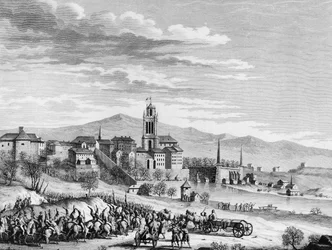 Krieg der Französischen Revolution: Triumphaler Einzug der Franzosen in Bern (Schweiz) im März 1798. Gravur von Berthaut nach Girardet. Paris, Bibliothek des Instituts für Revolutionsgeschichte