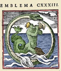Ein Triton und ein Ouroboros, Illustration aus "Emblemata" von Andrea Alciati