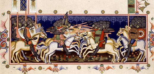 Kampfszene (imaginierte Kreuzzüge) - in "Statuten des Ordens des Heiligen Geistes von Neapel" (Orden des Heiligen Geistes) basierend auf einer Miniatur von 1352