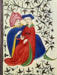 Eine galante Szene. Detail einer Seite des Manuskripts „Les Très Riches Heures du Duc de Berry“ illuminiert vom Meister von Boucicaut. 15. Jahrhundert. Musée Condé, Chantilly