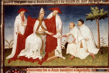 Die Brüder Nicolo und Matteo Polo, Onkel und Vater von Marco Polo (1254-1324), übergeben Papst Gregor X. einen Brief von Qubilai (Kubilai Khan, erster Kaiser der mongolischen Yuan-Dynastie (1215-1294)). Miniatur aus „Das Buch der Wunder“