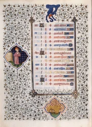 Seite des Manuskripts Les Tres Riches Hours du Duke Francois de Guise, illuminiert vom Meister von Boucicaut: Darstellung der Tierkreiszeichen und Alltagsszenen: der Löwe. 15. Jahrhundert. Musee Conde, Chantilly