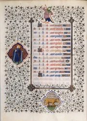 Seite des Manuskripts „Les Tres Riches Heures des Herzogs François de Guise“ illuminiert vom Meister von Boucicaut: Darstellung der Tierkreiszeichen und Alltagsszenen: der Stier. 15. Jahrhundert. Musée Condé, Chantilly