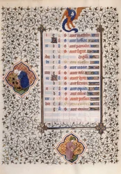 Seite des Manuskripts „Les Très Riches Heures du Duc François de Guise“ illuminiert vom Meister von Boucicaut: Darstellung der Tierkreiszeichen und der landwirtschaftlichen Arbeit: Waage und Ernte. 15. Jahrhundert. Musée Condé, Chantilly