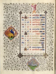 Seite des Manuskripts „Les Très Riches Heures du Duc François de Guise“, illuminiert vom Meister von Boucicaut: Darstellung der Tierkreiszeichen und Alltagsszenen: der Steinbock und die Wildschweinjagd. 15. Jahrhundert. Musée Condé, Chantilly