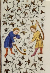 Das Einseiten-Puckspiel. Detail aus dem Manuskript „Les Tres Riches Heures des Herzogs von Guise“ illuminiert vom Meister von Boucicaut. 15. Jahrhundert. Musée Condé, Chantilly