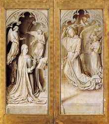 Verkündigung in Grisaille, äußere Flügel des Triptychon-Altars (ca. 1489-1502) von Meister von Moulins, in der Kathedrale Notre-Dame, Moulins, Frankreich
