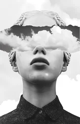 Papiercollage Kunst, Wolke und abstraktes Frauenporträt