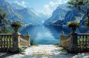 Blick auf einen See und natürliche Landschaft von einem Balkon