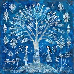 Gemälde mit naivem Muster: Frauen unter einem Baum in Blau