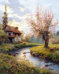 Altes Haus & Landschaft mit fließendem Fluss