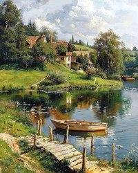 Ein Holzboot vertäut neben einem Fluss und einem traditionellen Dorf