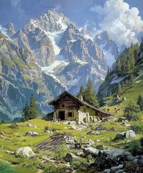 Blockhütte in den Schweizer Alpen im Frühling