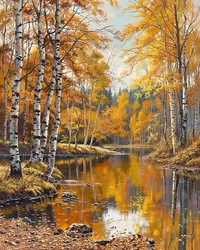 Landschaft und Birken mit kristallklarem Wasser