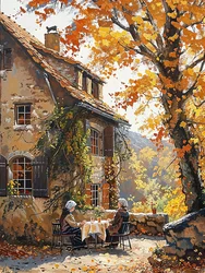 Menschen vor einem alten traditionellen italienischen Haus inmitten der Natur