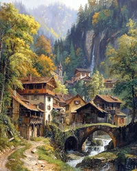 Ein mittelalterliches Dorf und ein Steinbogen zwischen den Bergen