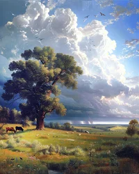 Landschaft mit sonnenbeschienenen Wiesen