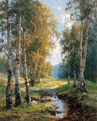 Ein Bach, der durch einen Birkenwald fließt