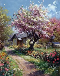 Ein Landhausgarten im Frühling, Rosen und Blumen