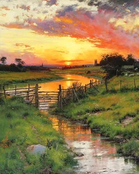 Sonnenuntergang über einem gewundenen Bach auf dem Land