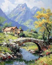 Landschaft mit Sonnenuntergang über den Bergen