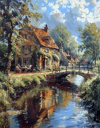 Eine alte Brücke über einen Bach neben einer Hütte in einer europäischen Landschaft