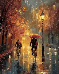 Radfahrer fahren in der Mitte einer Straße im Regen