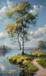 Ein Baum & Bach, der sich bis zum Horizont erstreckt, eine farbenfrohe Landschaft