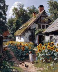 Ein Kind spielt vor einem alten Bauernhof, umgeben von Sonnenblumen, Leinwand