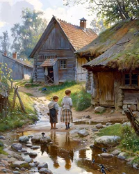 Tägliches Landleben. Dorfstraße, Kinder vor einer Holzhütte