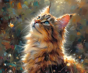 Flauschige Katze schaut nach oben, realistisches Gemälde