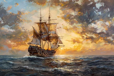 Ölgemälde Piratenschiff im Ozean bei Sonnenuntergang