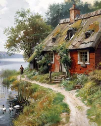 Altes russisches Dorf, Hütte, Öl auf Leinwand